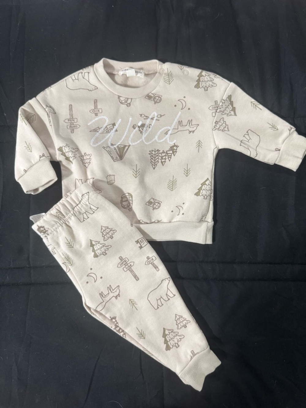 Rabbit and Bear Baby Neutral Woodland Print Matching Set - Cream